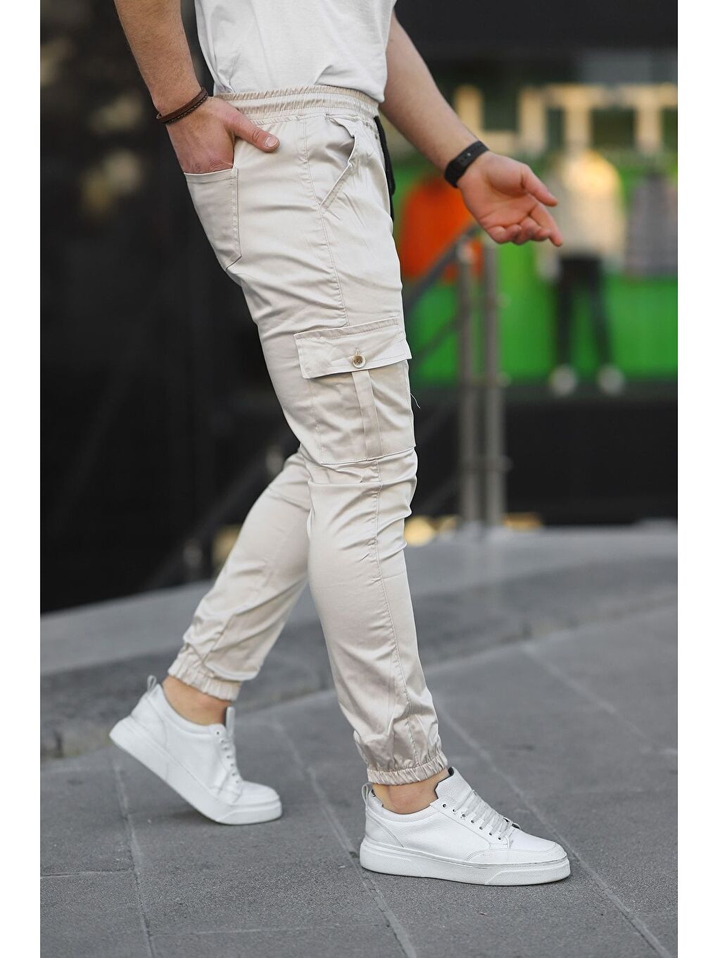 Bej Erkek Slim Fit Beli Ve Paçası Lastikli Kargo Cep Pantolon-2
