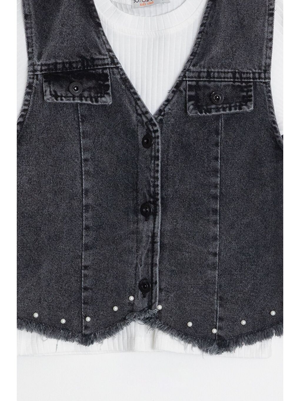 Siyah İnci Detaylı Geniş Paça Pantolonlu Jean Yelekli Kız Çocuk 3lü Takım 24071-4