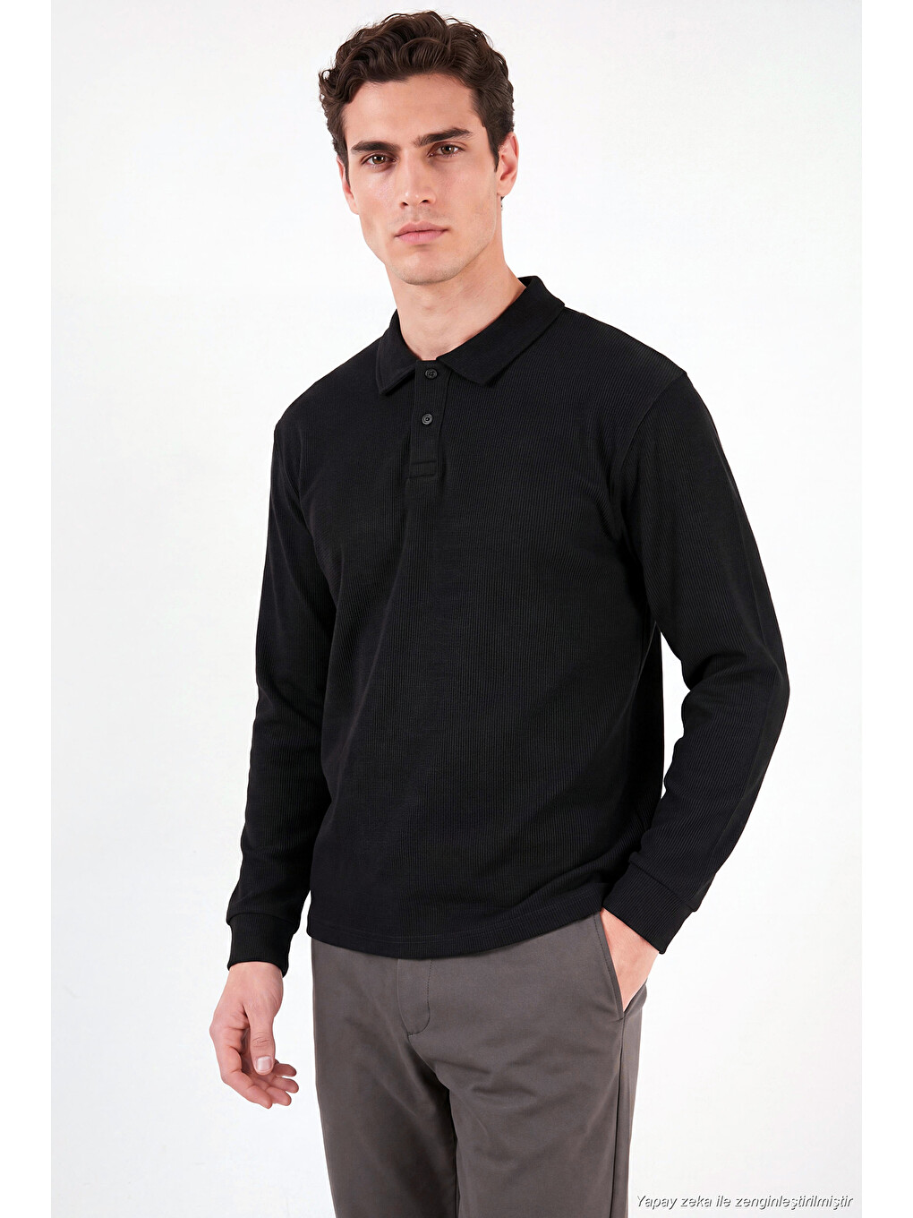Siyah Pamuklu Düğmeli Polo Yaka Sweat 5905838-3