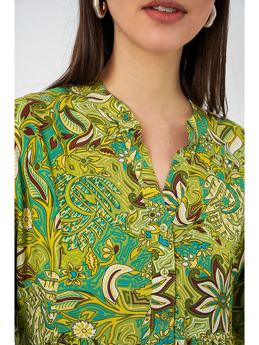 Bej Kadın Desenli Uzun Tesettür Elbise 2585 - G.Yeşil-4