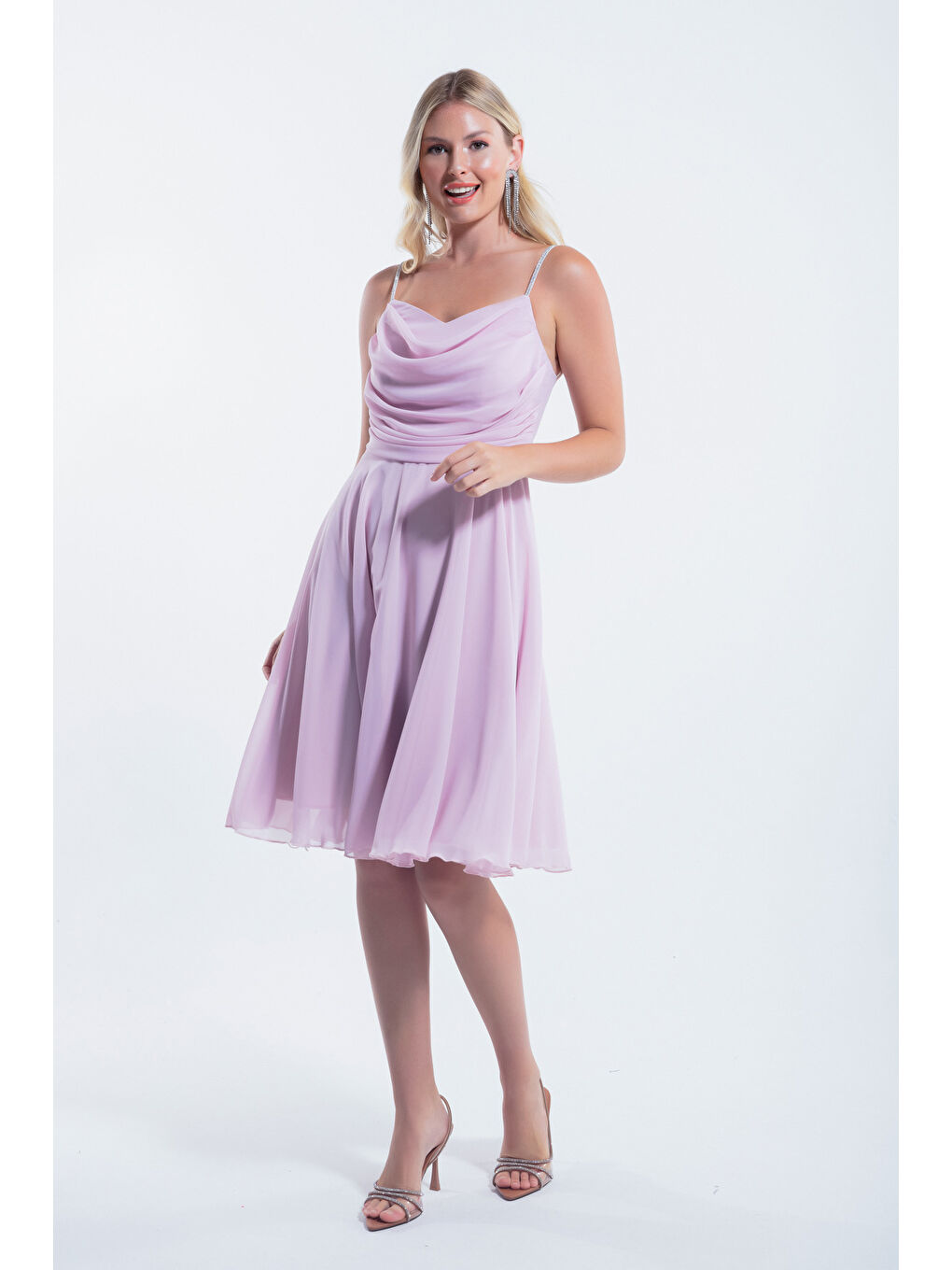 Pembe Kadın Pudra Taş Askılı Midi Abiye Elbise