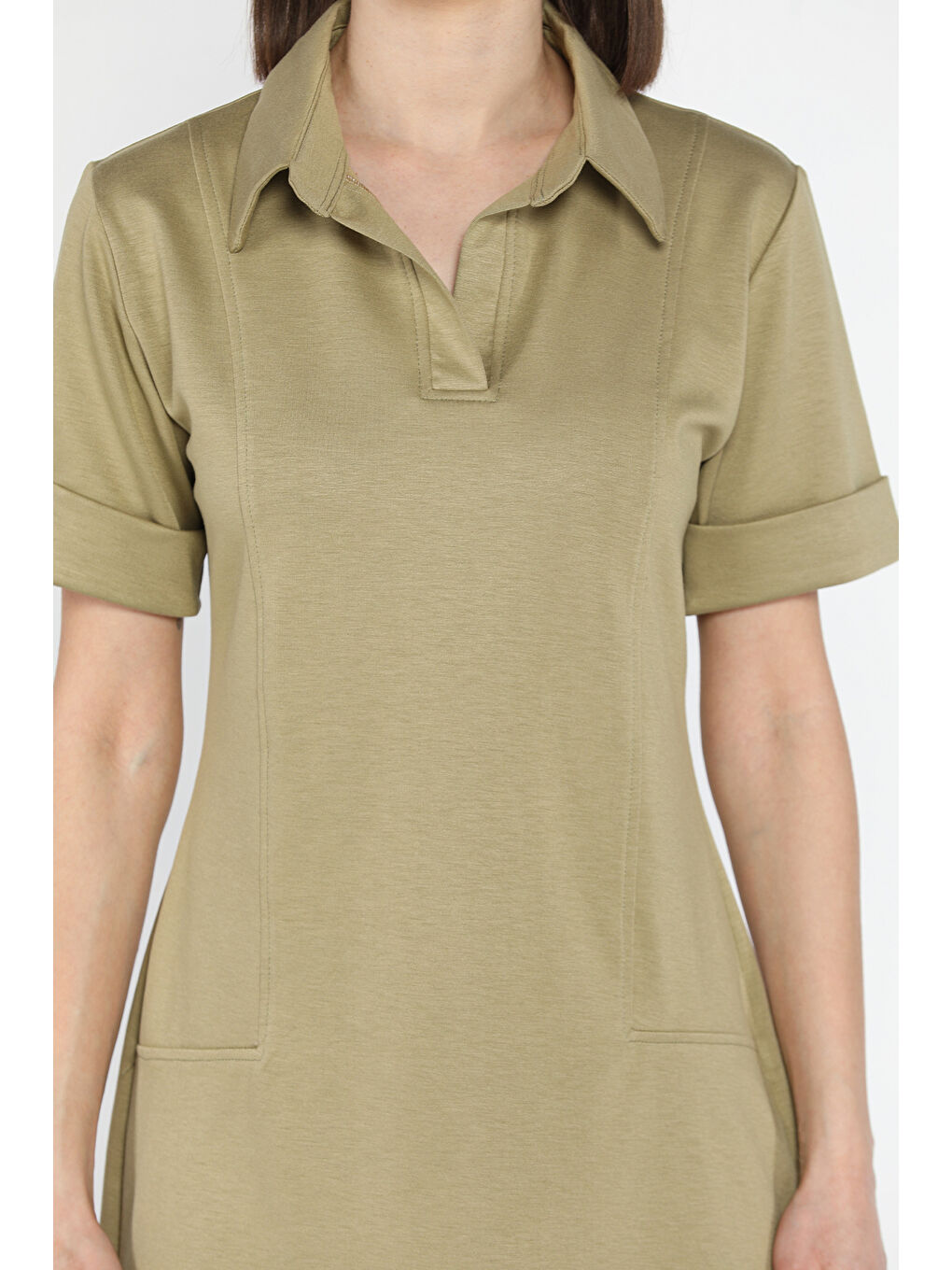 Haki Polo Yaka Duble Kol Kadın Elbise-3