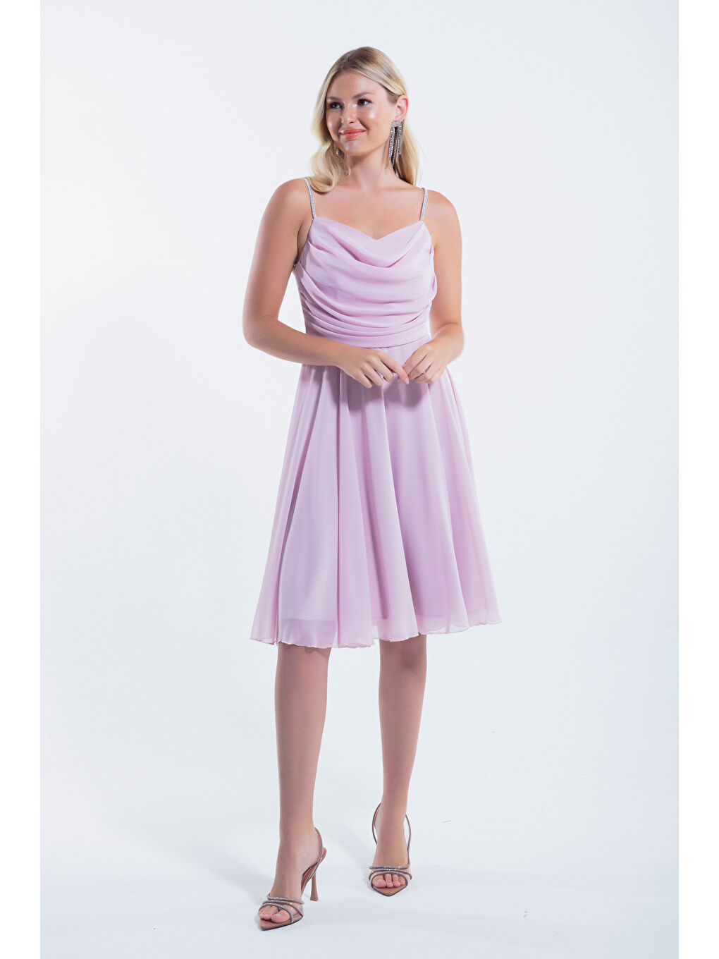 Pembe Kadın Pudra Taş Askılı Midi Abiye Elbise-1