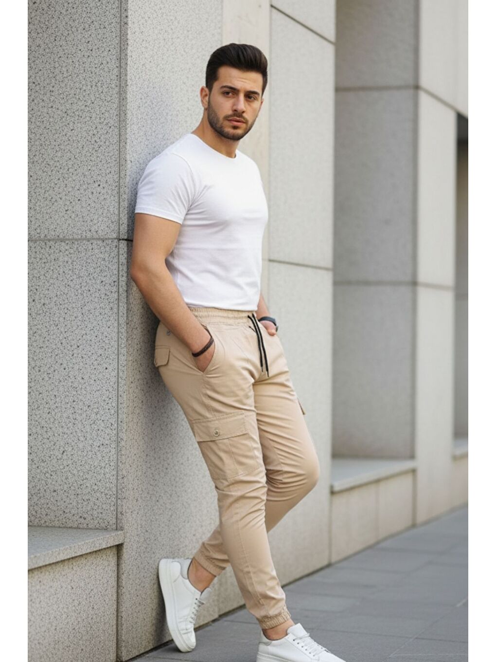 Bej Erkek Slim Fit Beli ve Paçası Lastikli Kargo Cep Pantolon-3