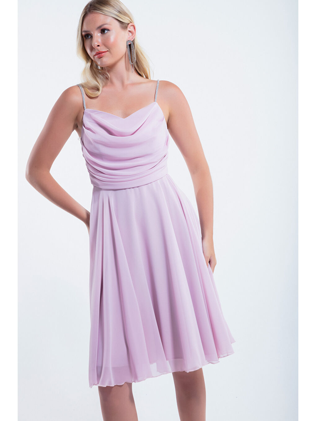 Pembe Kadın Pudra Taş Askılı Midi Abiye Elbise-2