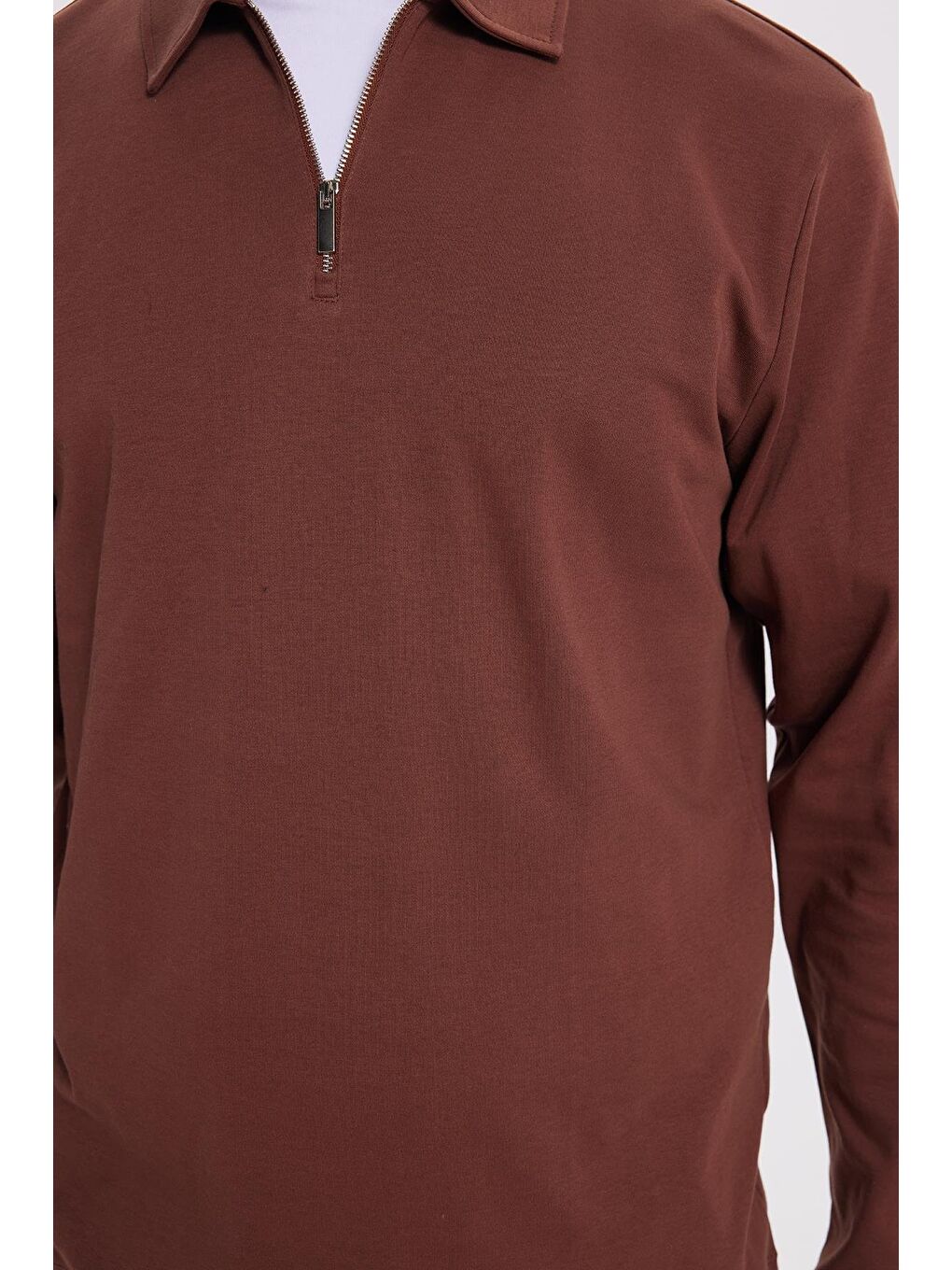 Erkek Relax Fit Rahat Kesim %100 Pamuk Yarım Fermuarlı Polo Yaka İnterlok Kahverengi Sweatshirt-2