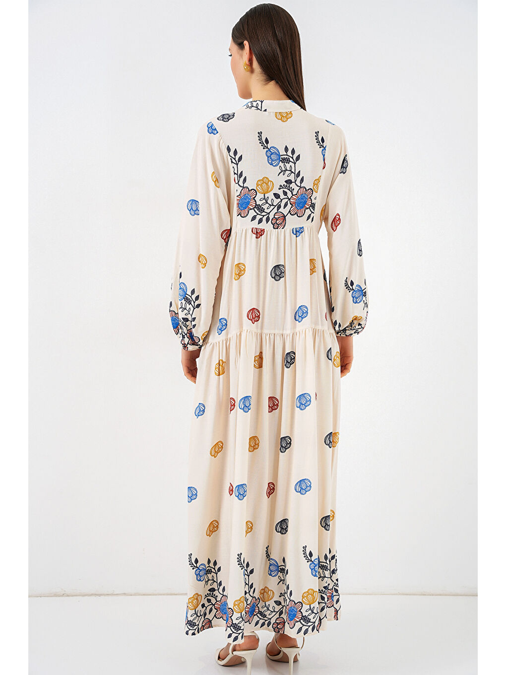 Kadın Desenli Uzun Tesettür Elbise 2585 - Lacivert 8-4