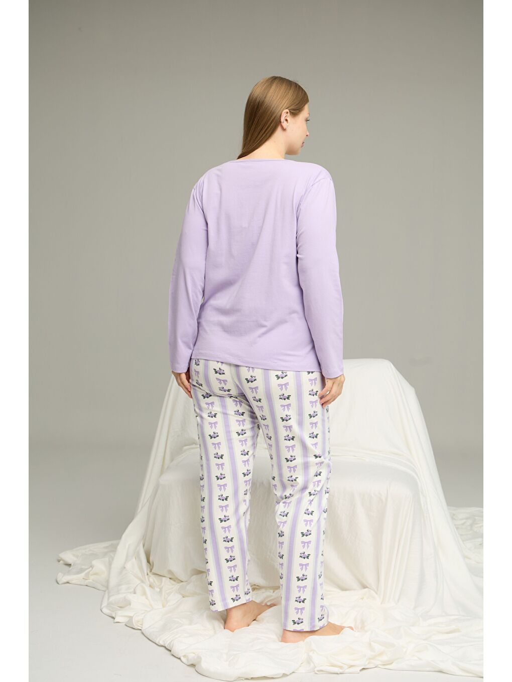 Lila Desenli Curve Büyük Beden Battal Boy Pamuklu Pijama Takım25240836-4