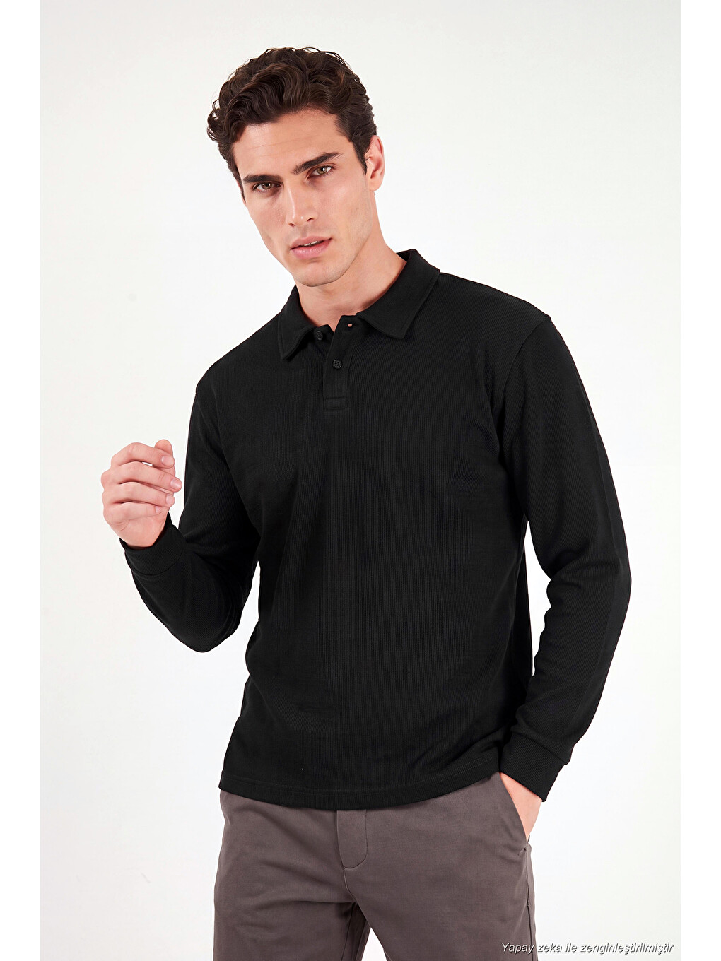 Siyah Pamuklu Düğmeli Polo Yaka Sweat 5905838-5