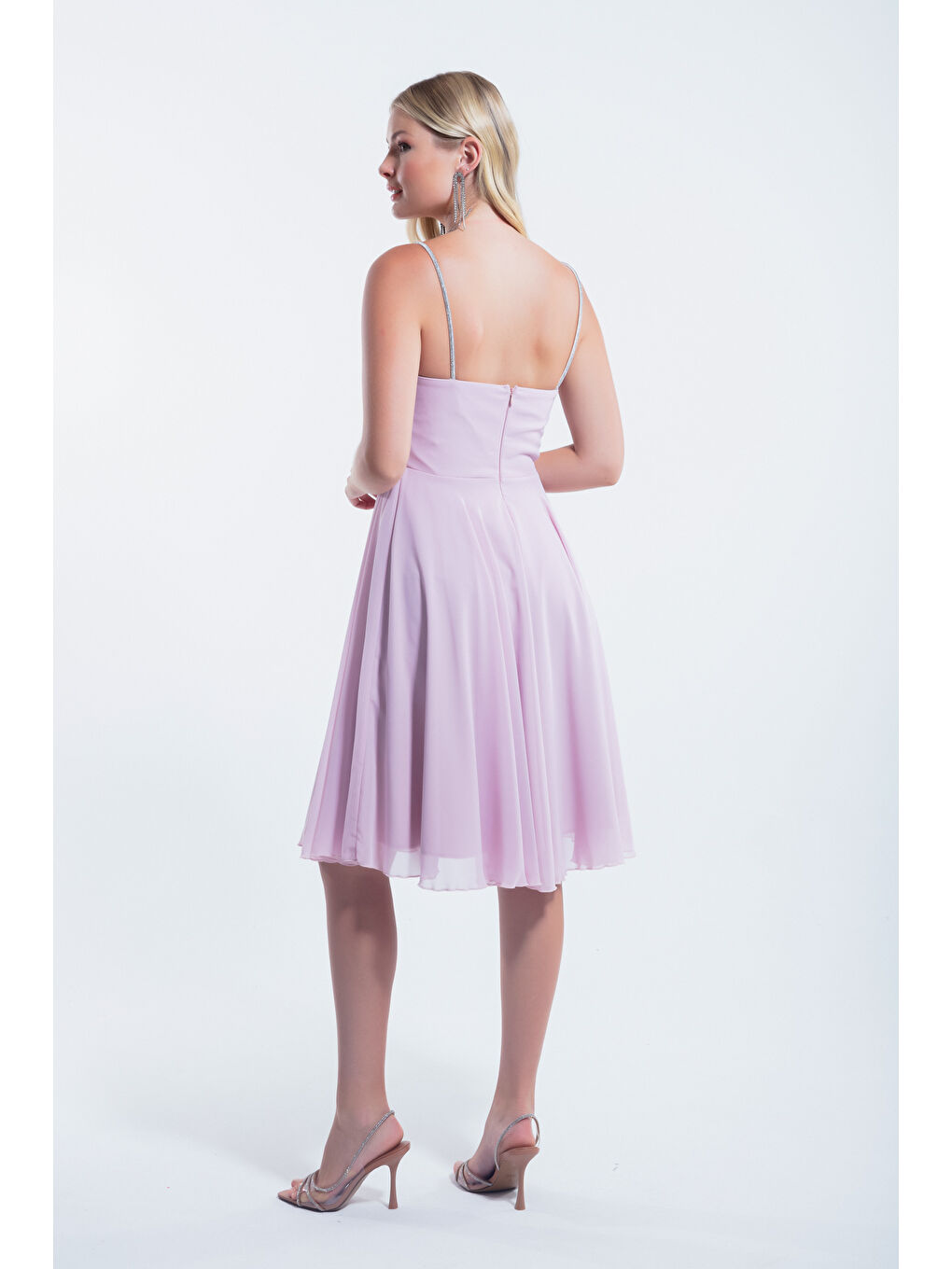 Pembe Kadın Pudra Taş Askılı Midi Abiye Elbise-4