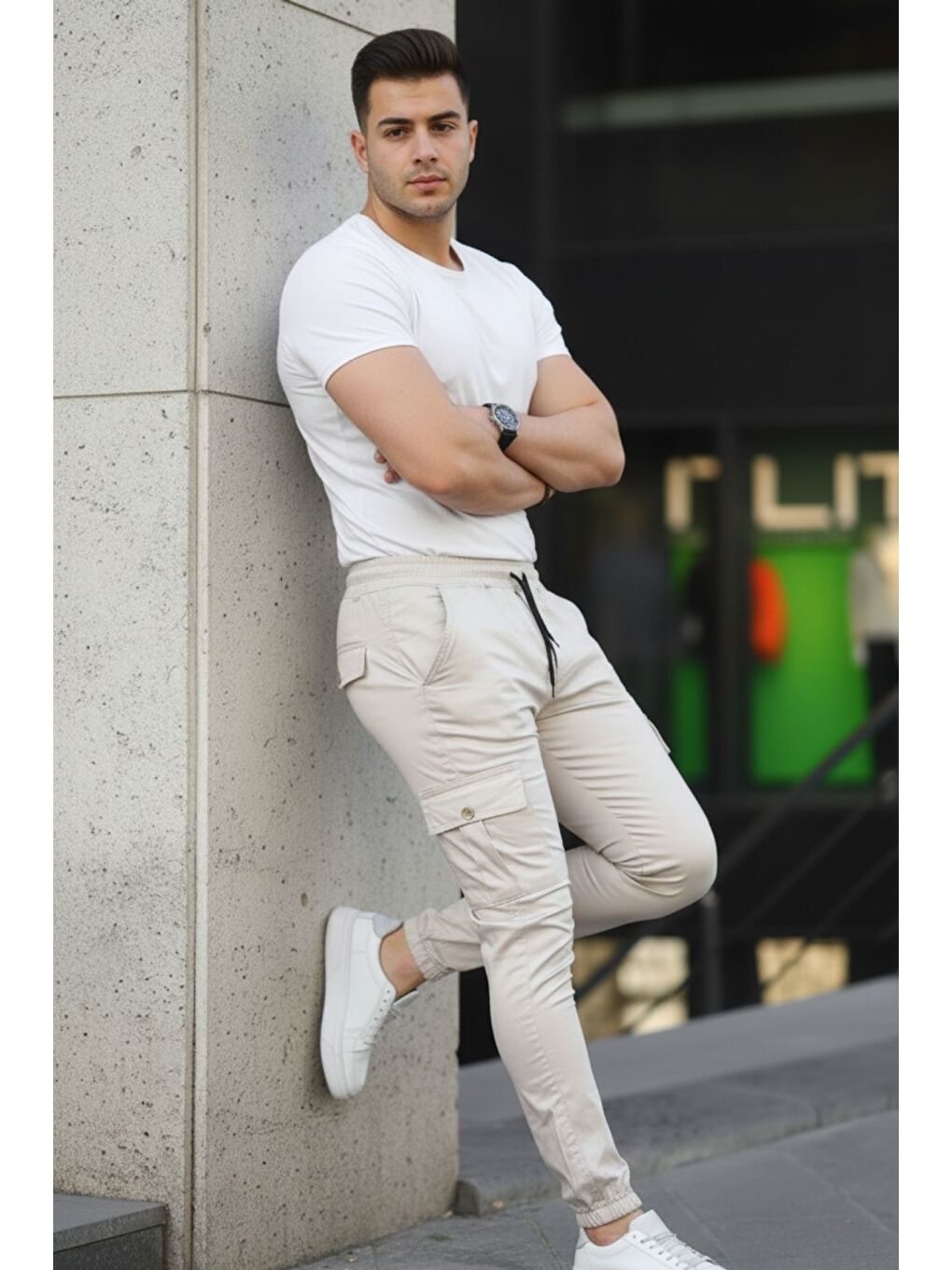 Bej Erkek Slim Fit Beli Ve Paçası Lastikli Kargo Cep Pantolon-3