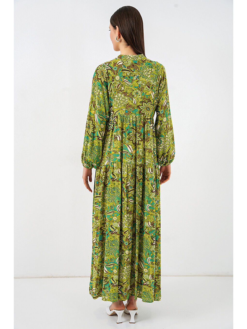 Bej Kadın Desenli Uzun Tesettür Elbise 2585 - G.Yeşil-5