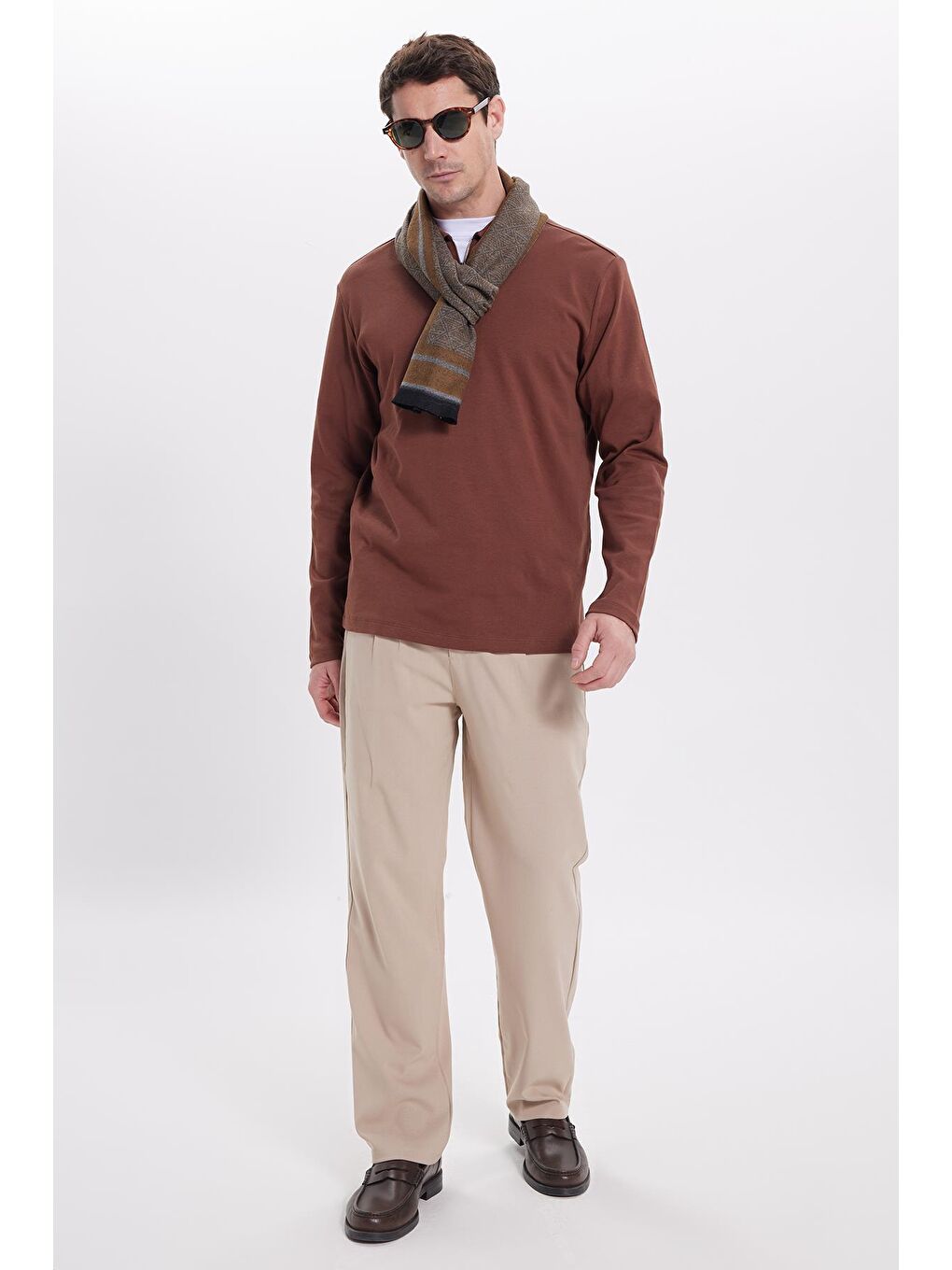 Erkek Relax Fit Rahat Kesim %100 Pamuk Yarım Fermuarlı Polo Yaka İnterlok Kahverengi Sweatshirt-3