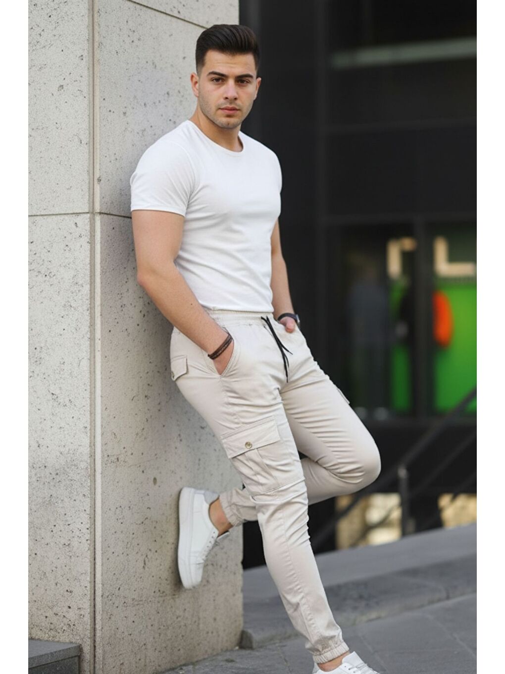 Bej Erkek Slim Fit Beli Ve Paçası Lastikli Kargo Cep Pantolon-4