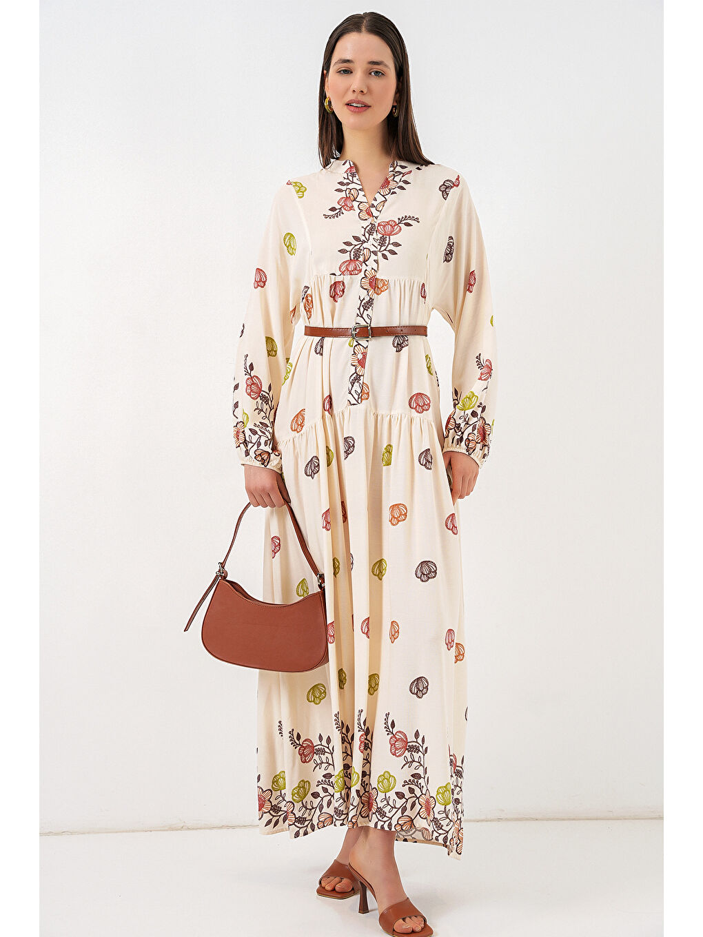 Kahverengi Kadın Desenli Uzun Tesettür Elbise 2585 - Kiremit-1