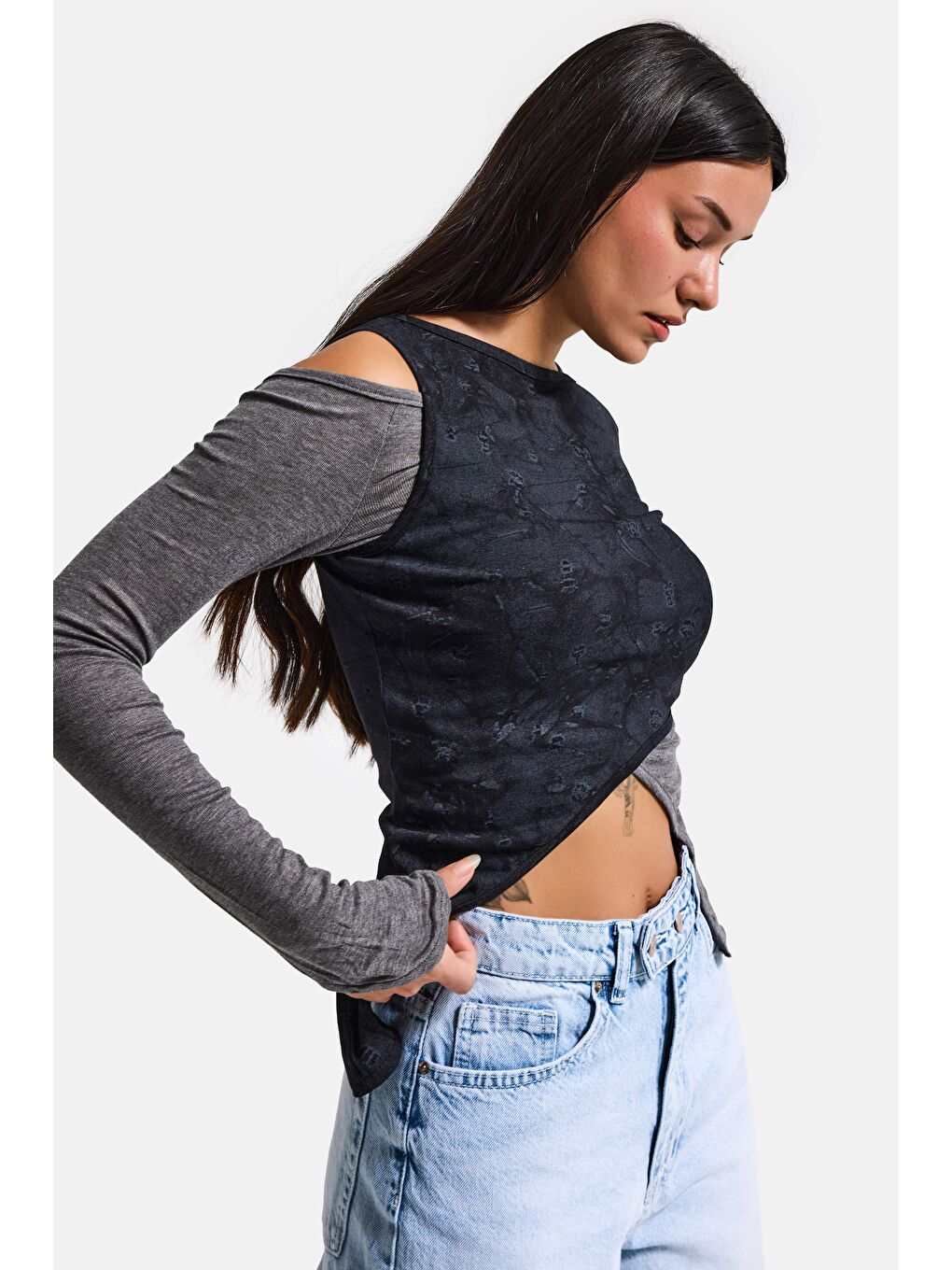 Kadın Siyah w5 Çift Parça Asimetrik Kesim Özel Tasarım Body-5