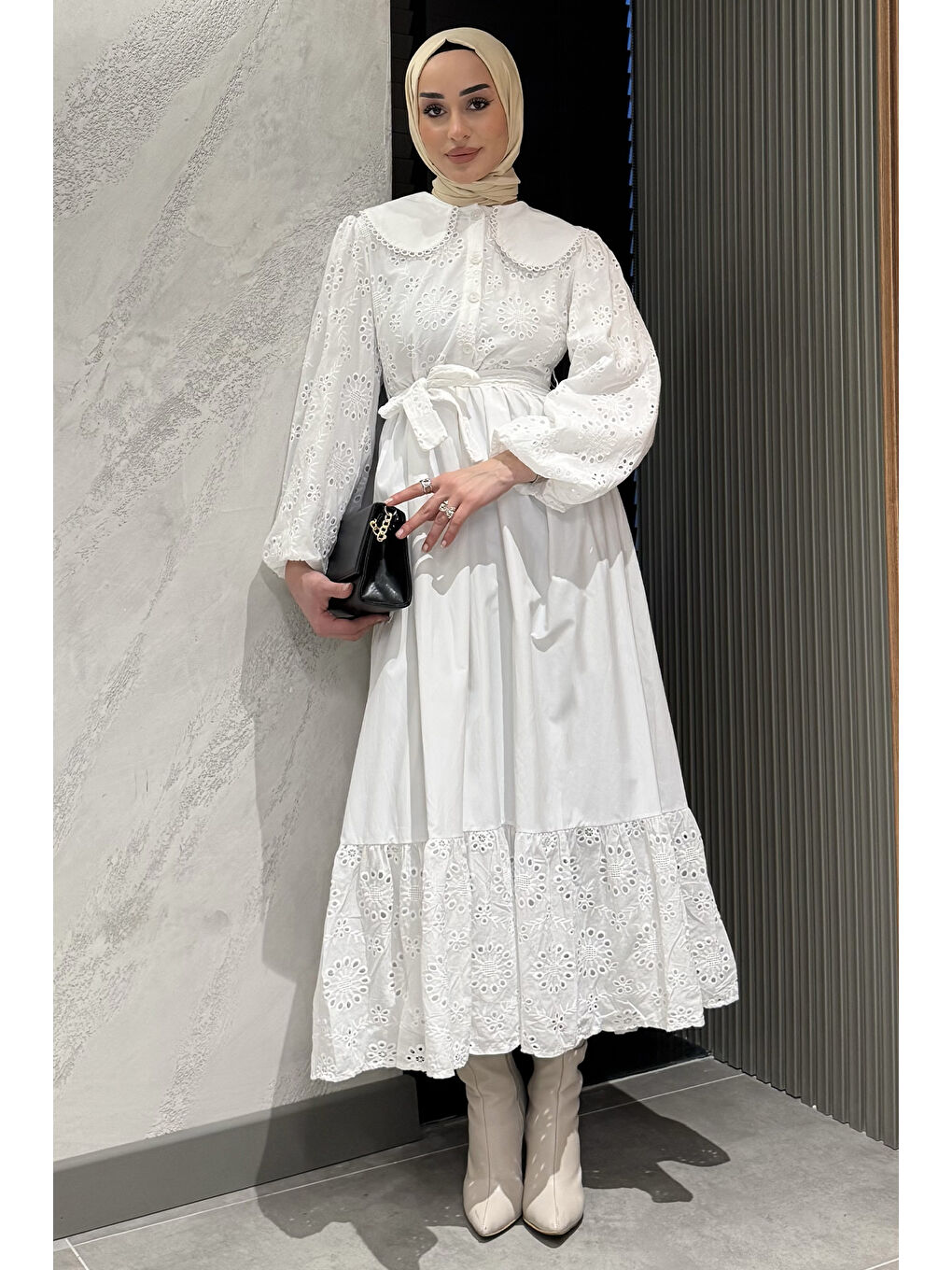 Ekru Kadın Bebe Yaka Ön Düğmeli Fistolu Tesettür Elbise-3