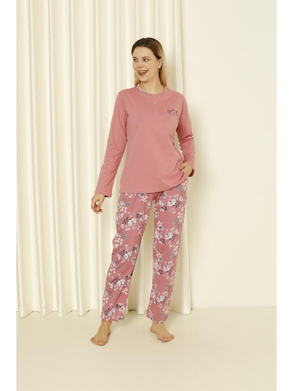 Pembe Kadın Pijama Takımı Uzun Kol Süprem Pamuklu Mevsimlik