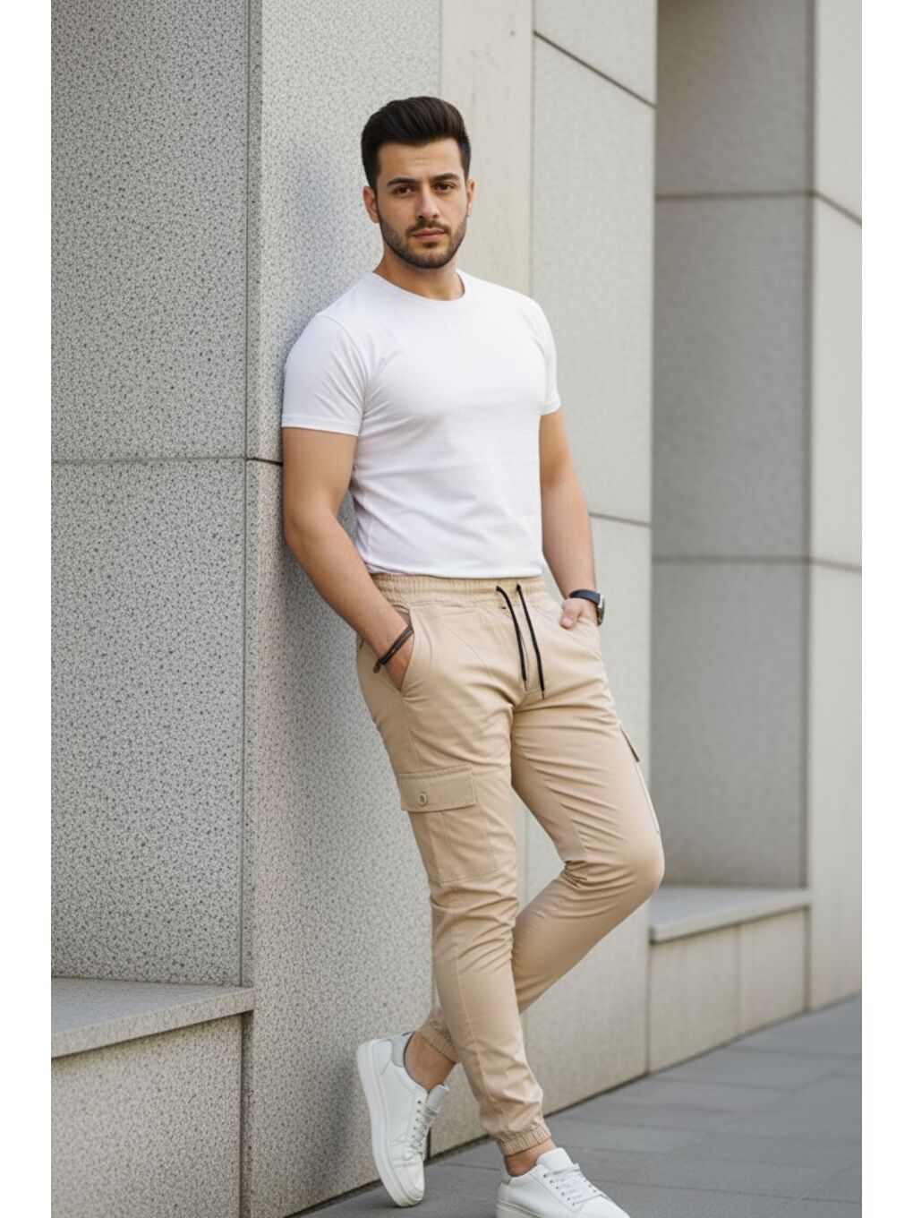 Bej Erkek Slim Fit Beli ve Paçası Lastikli Kargo Cep Pantolon-5