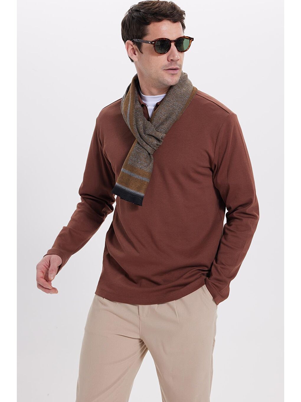 Erkek Relax Fit Rahat Kesim %100 Pamuk Yarım Fermuarlı Polo Yaka İnterlok Kahverengi Sweatshirt-4