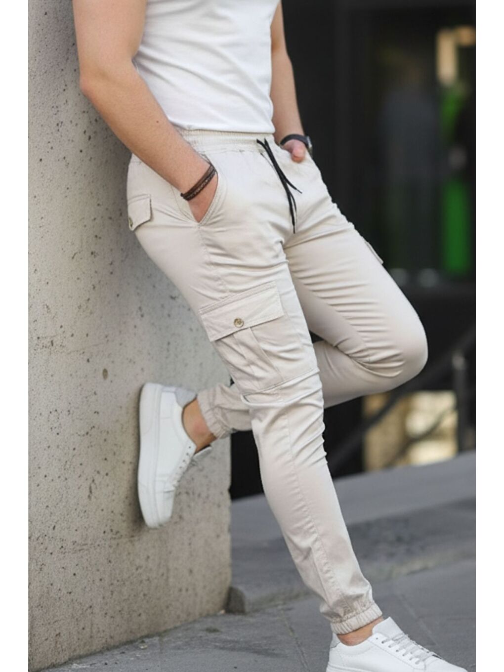 Bej Erkek Slim Fit Beli Ve Paçası Lastikli Kargo Cep Pantolon-5
