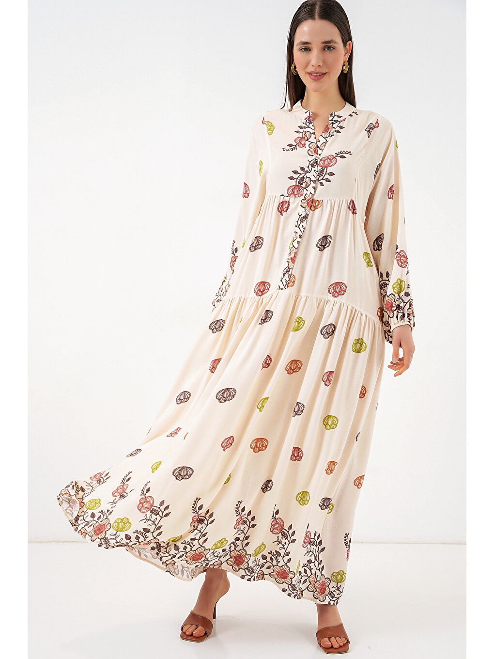 Kahverengi Kadın Desenli Uzun Tesettür Elbise 2585 - Kiremit-2