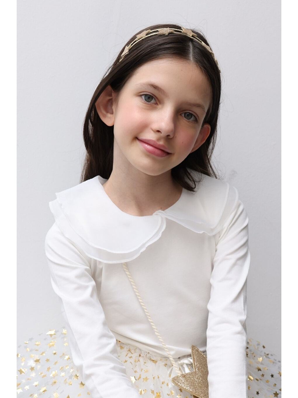 Ekru Organze Yakalı Kız Çocuk Tişört-1