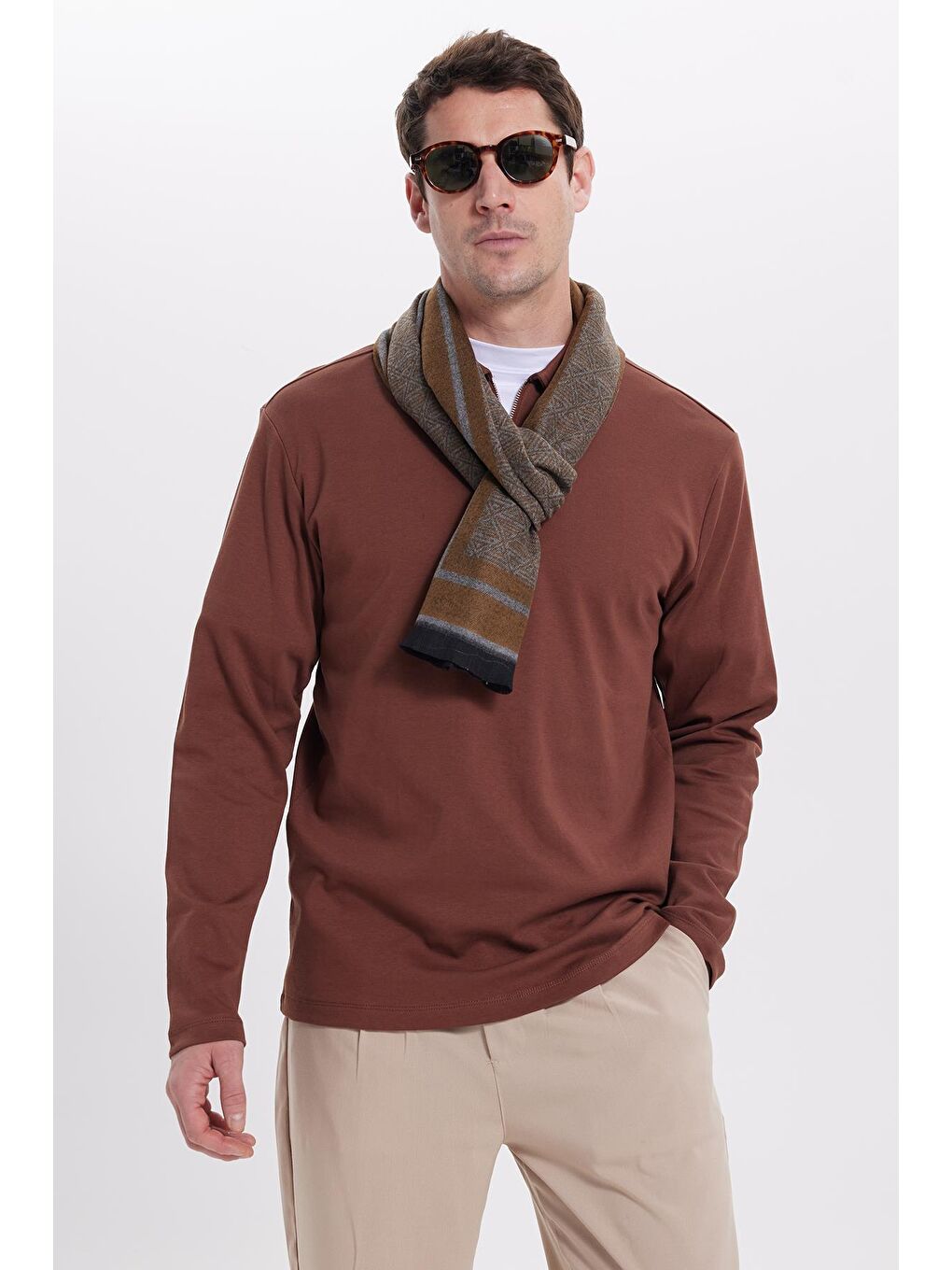 Erkek Relax Fit Rahat Kesim %100 Pamuk Yarım Fermuarlı Polo Yaka İnterlok Kahverengi Sweatshirt-5