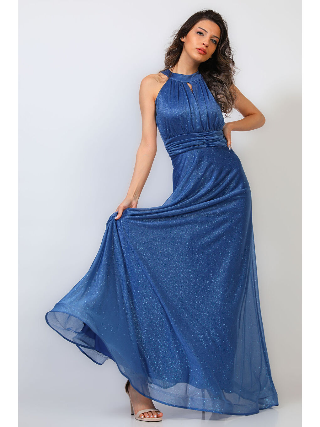 İndigo Kadın Ön Pencere Detaylı Simli Abiye Elbise-2