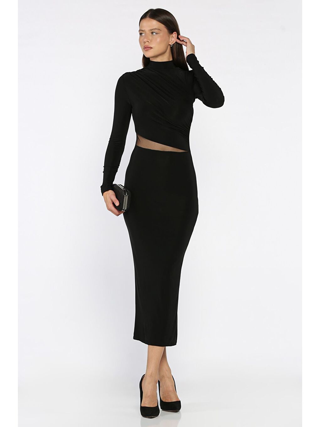 Siyah Kadın Omuz Ve Bel Drapeli Tül Detaylı Elastanlı Elbise-1