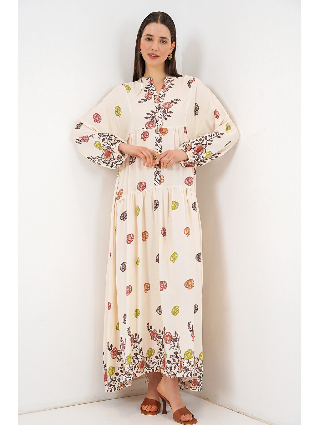 Kahverengi Kadın Desenli Uzun Tesettür Elbise 2585 - Kiremit-3