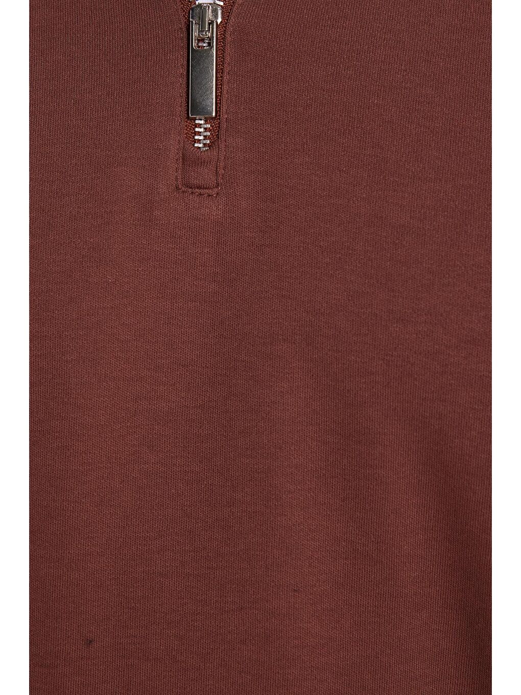 Erkek Relax Fit Rahat Kesim %100 Pamuk Yarım Fermuarlı Polo Yaka İnterlok Kahverengi Sweatshirt-6
