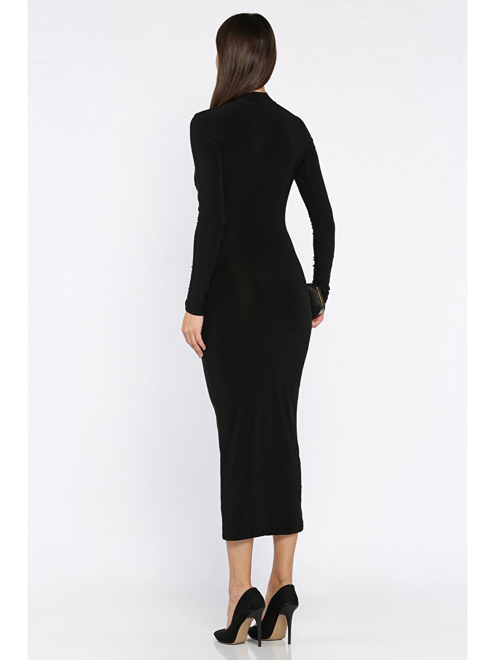 Siyah Kadın Omuz Ve Bel Drapeli Tül Detaylı Elastanlı Elbise-2