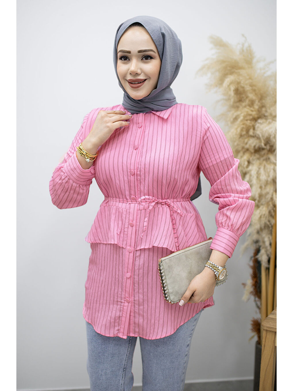 Fırfır Detaylı Çizgili Gömlek TSD260160 Pembe-1