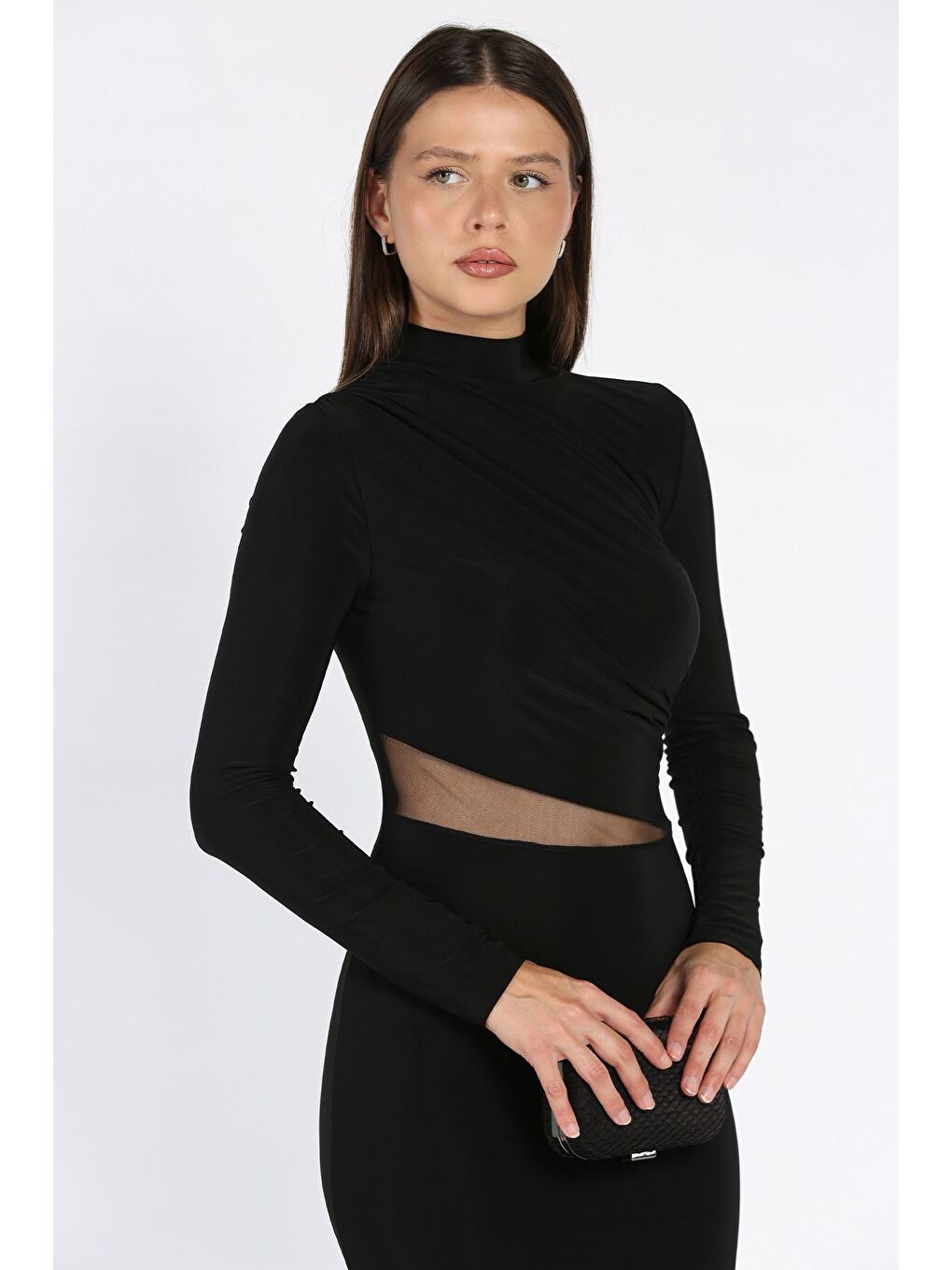 Siyah Kadın Omuz Ve Bel Drapeli Tül Detaylı Elastanlı Elbise-3