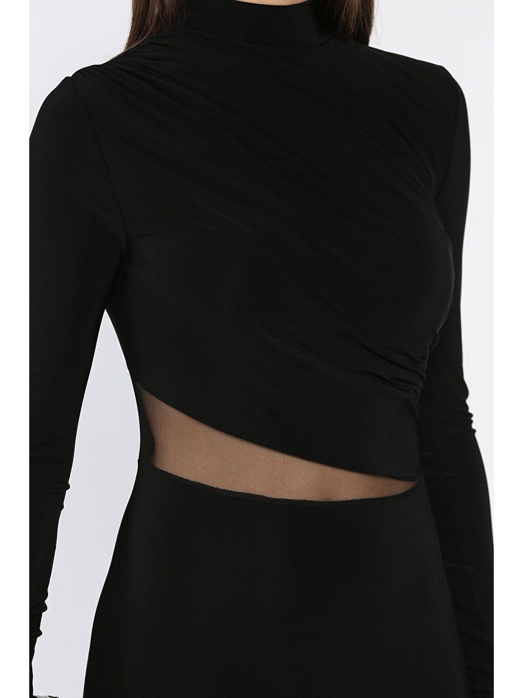 Siyah Kadın Omuz Ve Bel Drapeli Tül Detaylı Elastanlı Elbise-4