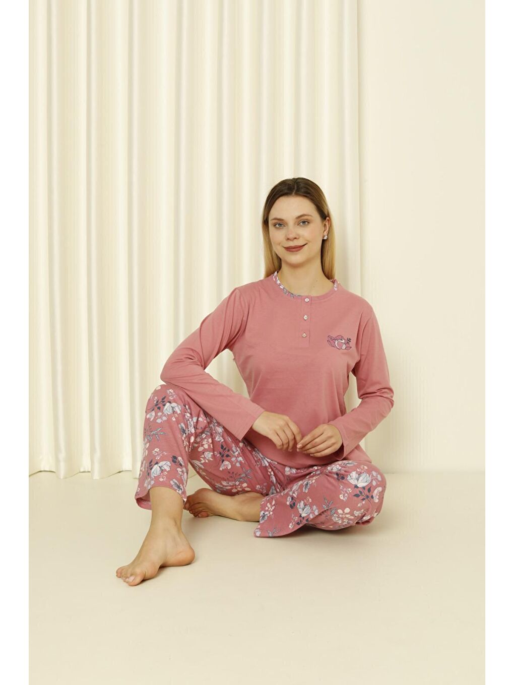 Pembe Kadın Pijama Takımı Uzun Kol Süprem Pamuklu Mevsimlik-1