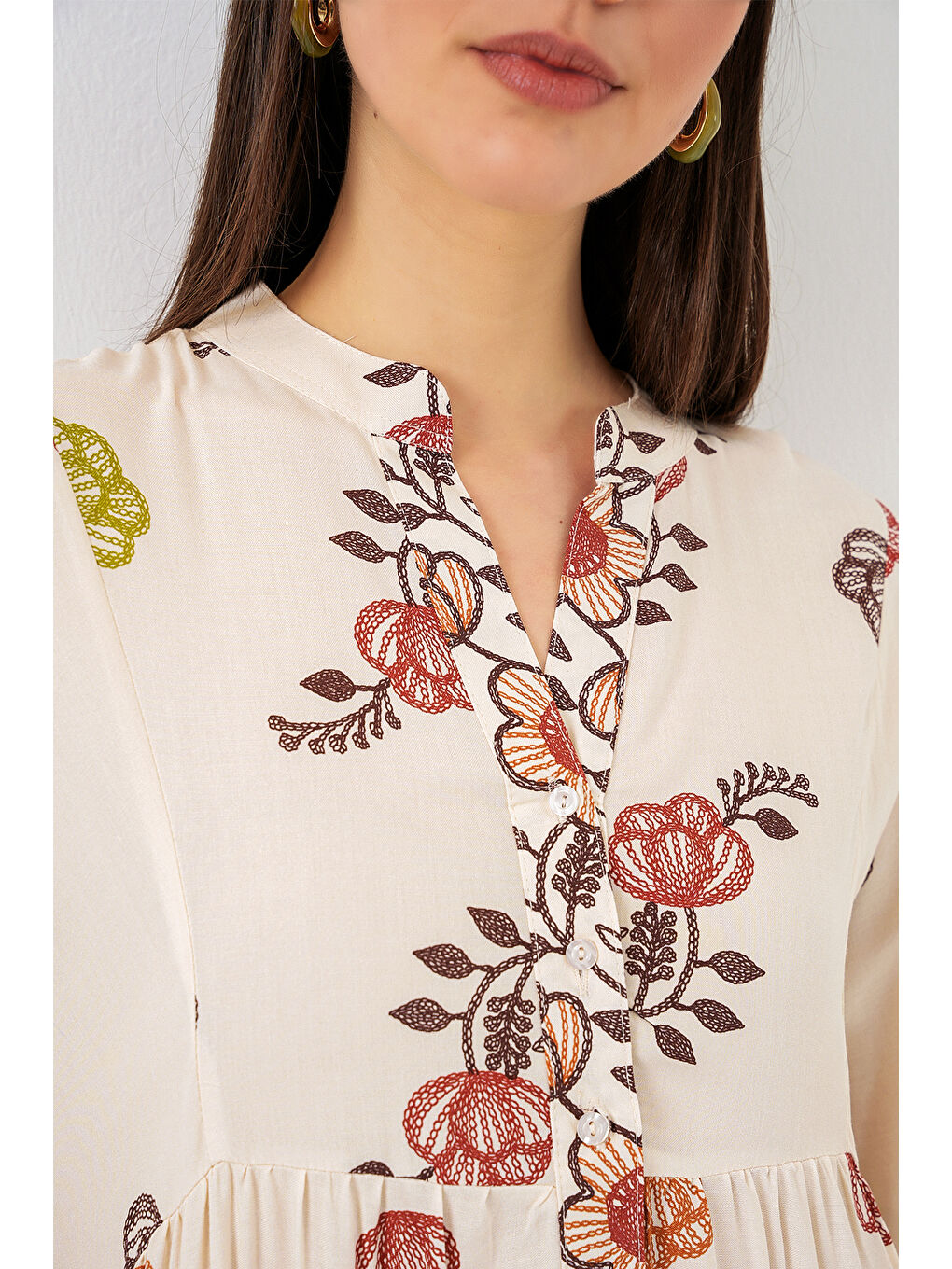 Kahverengi Kadın Desenli Uzun Tesettür Elbise 2585 - Kiremit-4