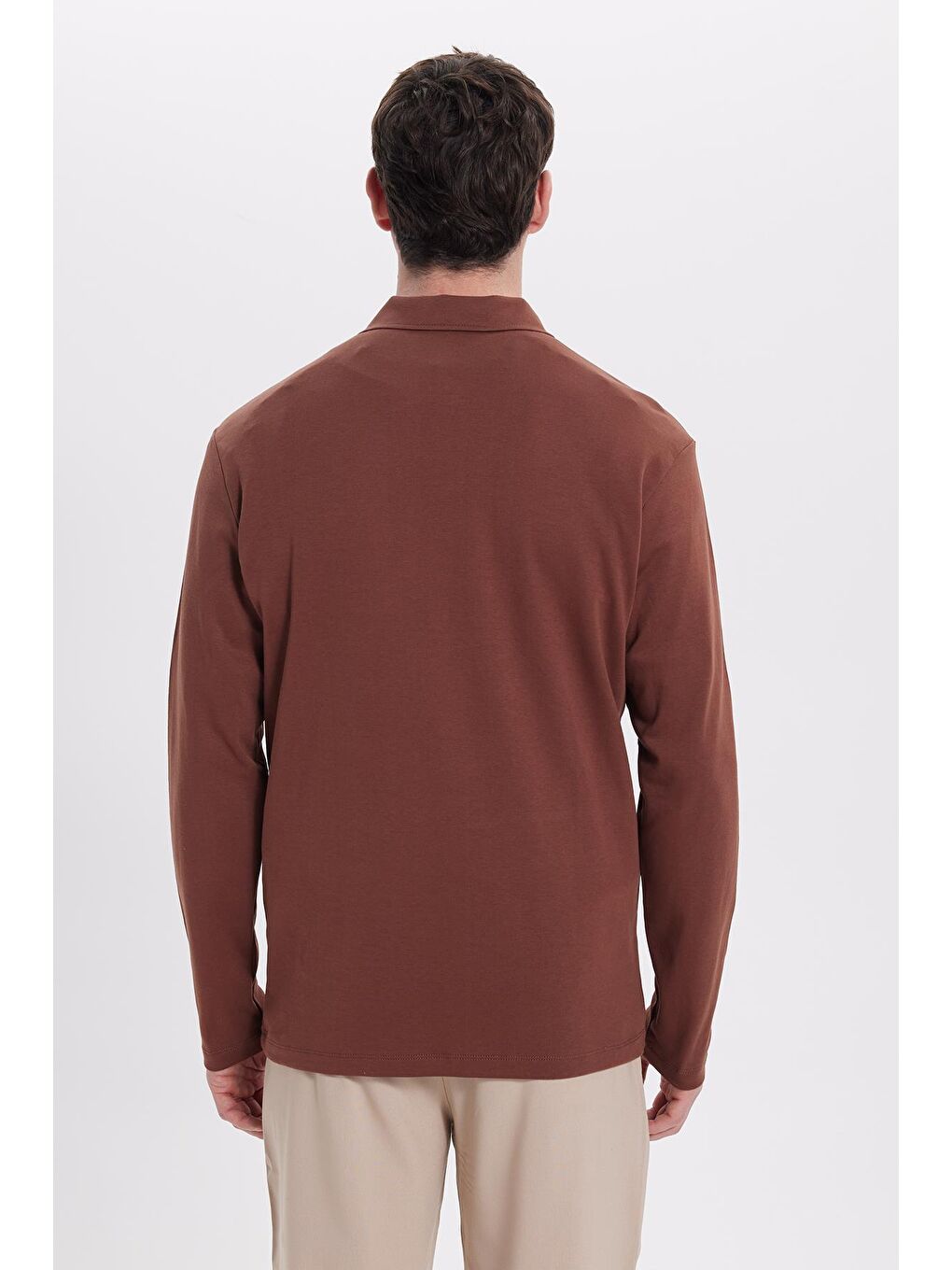 Erkek Relax Fit Rahat Kesim %100 Pamuk Yarım Fermuarlı Polo Yaka İnterlok Kahverengi Sweatshirt-7
