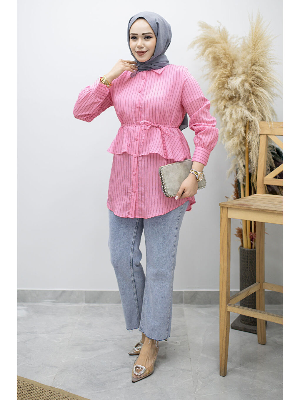 Fırfır Detaylı Çizgili Gömlek TSD260160 Pembe-2