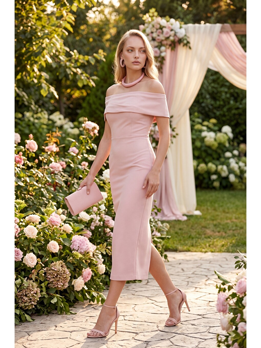 Pembe Kadın Pudra Kayık Yaka Yırtmaçlı Söz Nişan Nikah Abiye Elbise-4