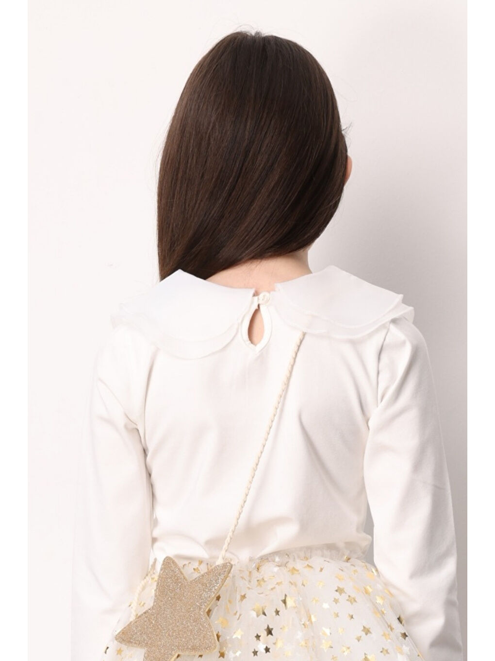 Ekru Organze Yakalı Kız Çocuk Tişört-2