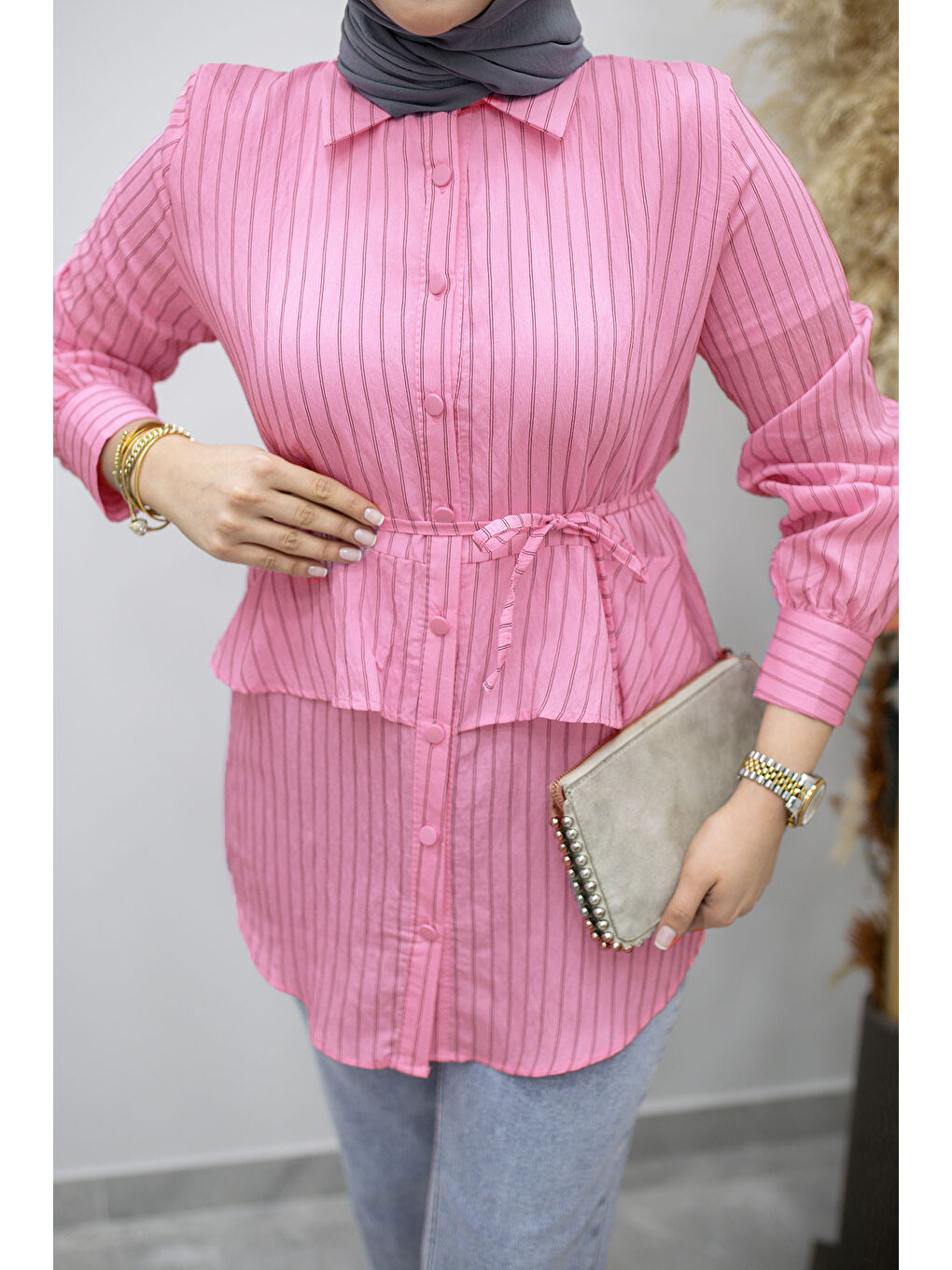 Fırfır Detaylı Çizgili Gömlek TSD260160 Pembe-3
