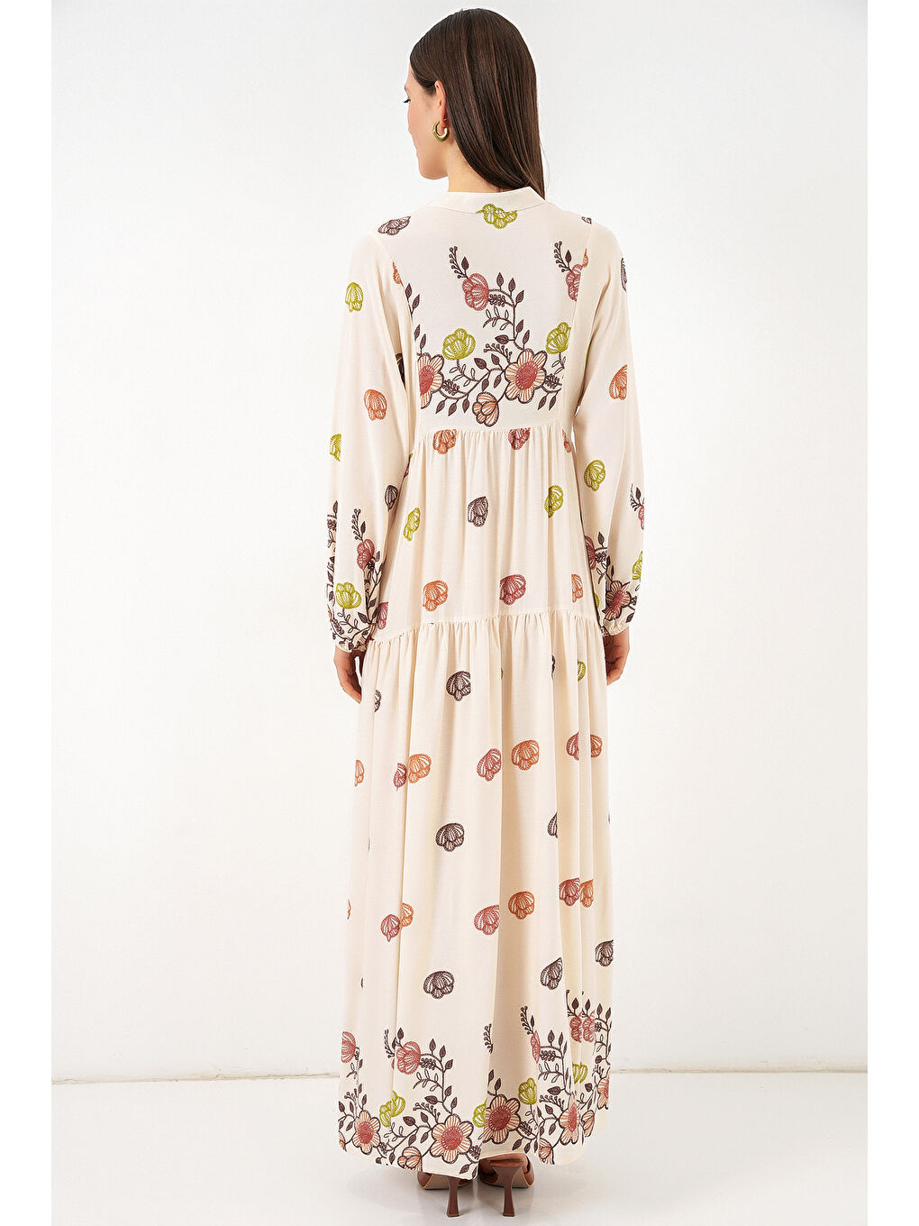 Kahverengi Kadın Desenli Uzun Tesettür Elbise 2585 - Kiremit-5