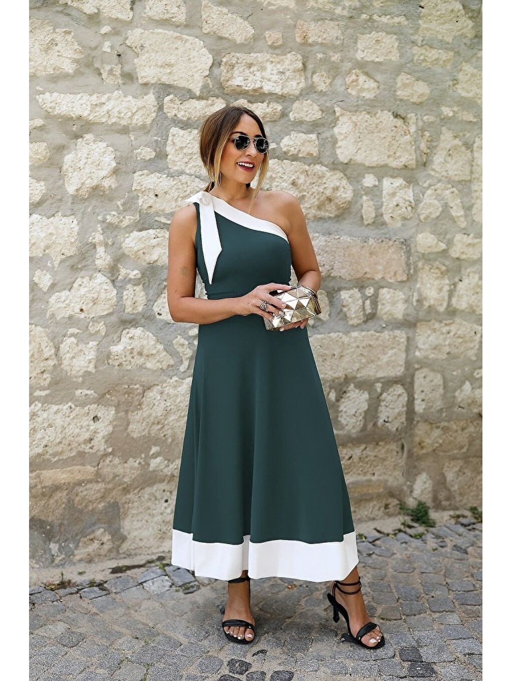 Yeşil Kadın Tek Omuzu Açık Omuzlardan Kurdela Detaylı çift Renkli Ithal Krep Elbise-2