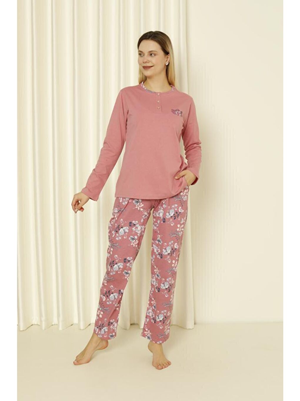 Pembe Kadın Pijama Takımı Uzun Kol Süprem Pamuklu Mevsimlik-2