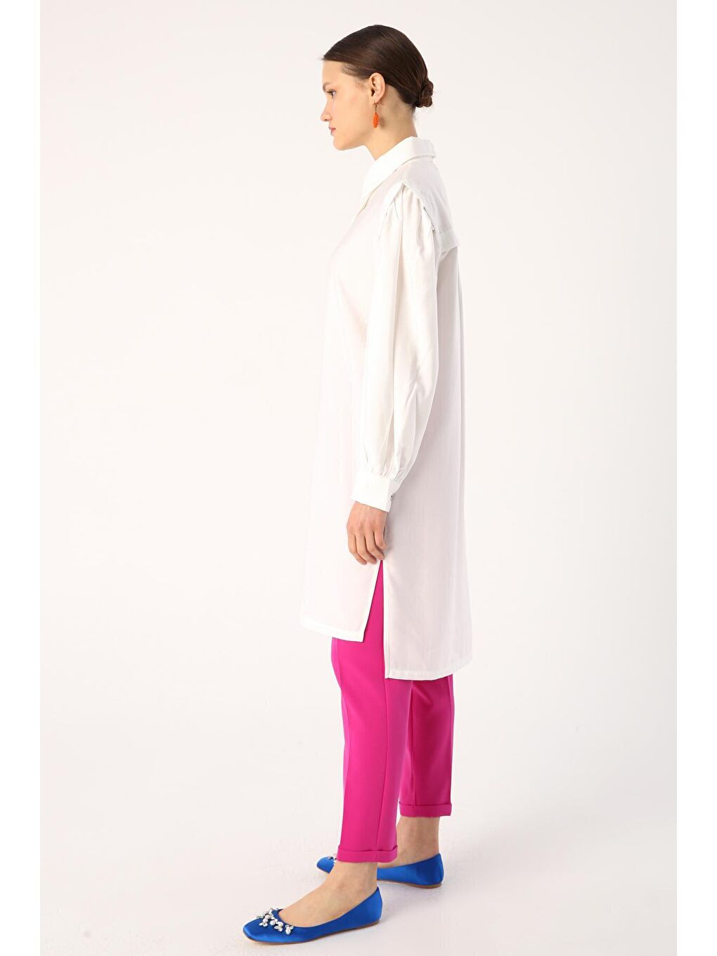 Ekru Kolları Büzgülü Yırtmaçlı Gömlek Tunik-2