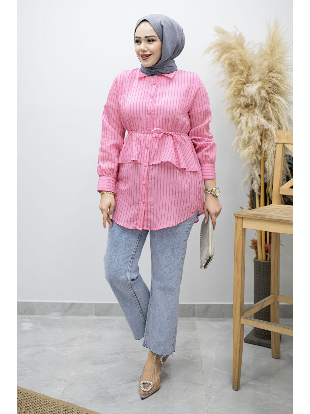 Fırfır Detaylı Çizgili Gömlek TSD260160 Pembe-4