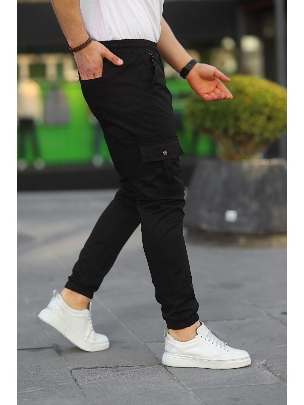 Erkek Beli Paçası Lastikli Esnek Kargo Cep Siyah Jogger Pantolon-2
