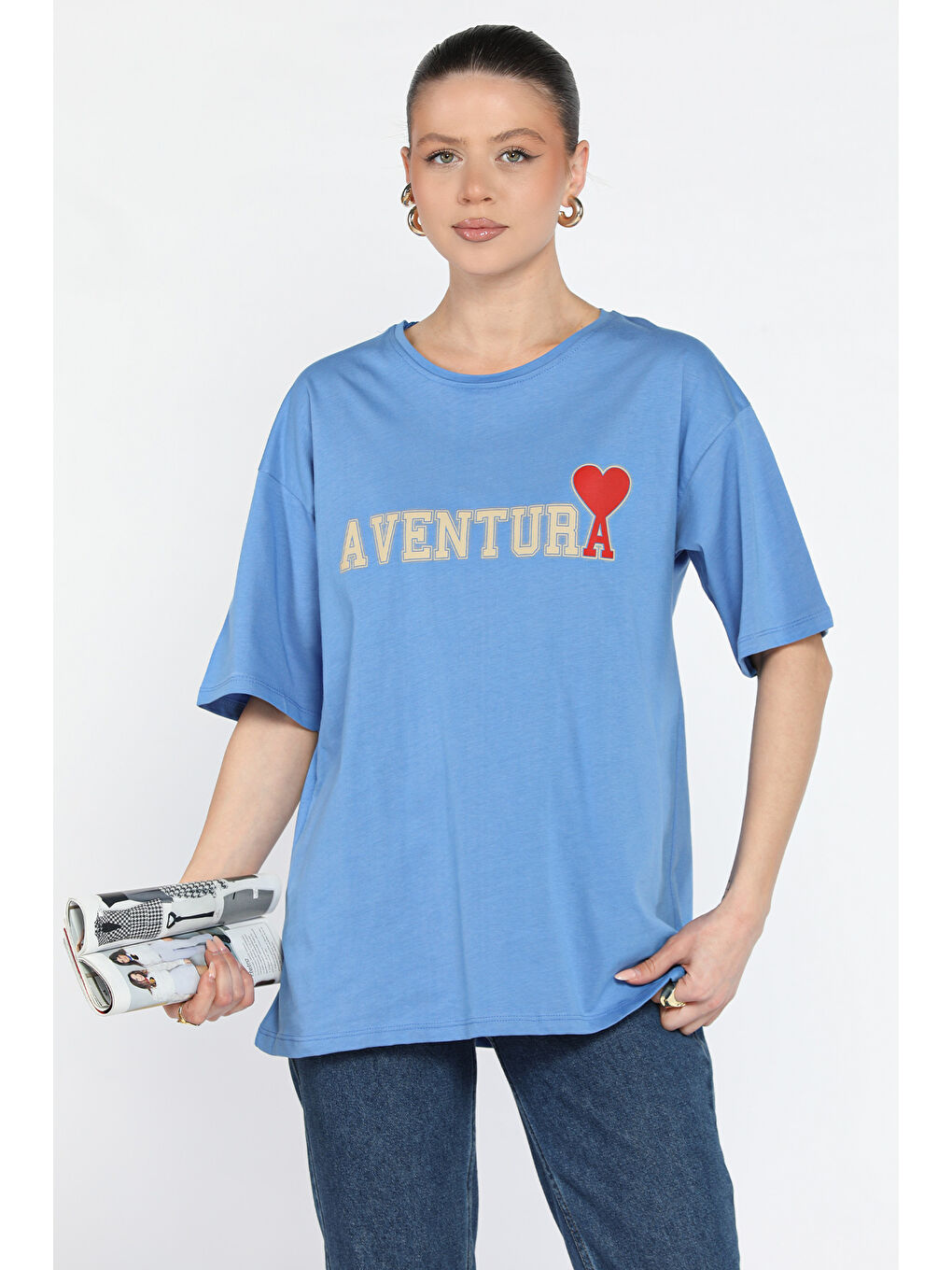 İndigo Ön Yazı Baskılı Bisiklet Yaka Kadın Tişört